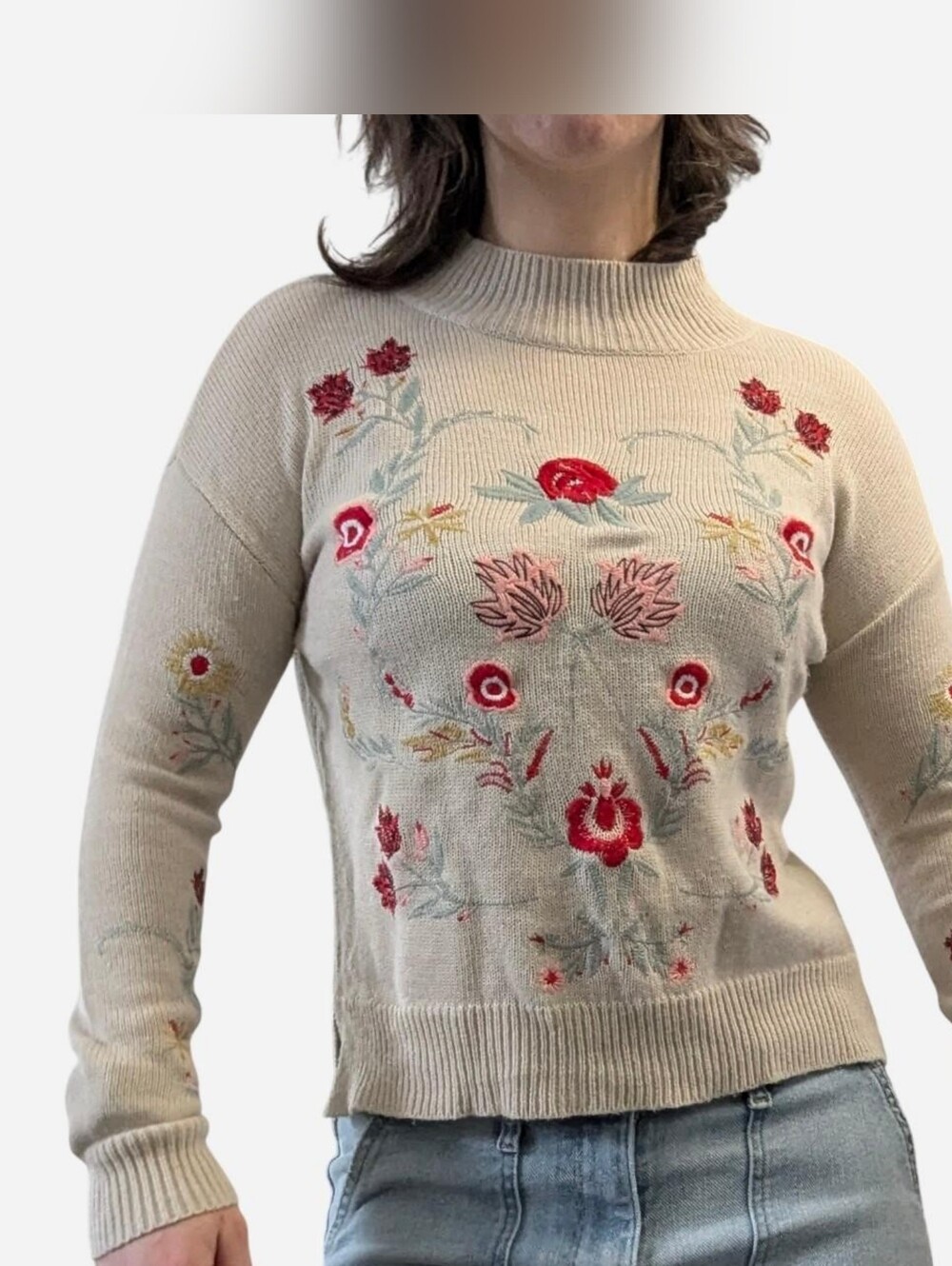 Wyld Hart Cream Sweater With Red/Pink/Blue/Yellow Flower Embroidery